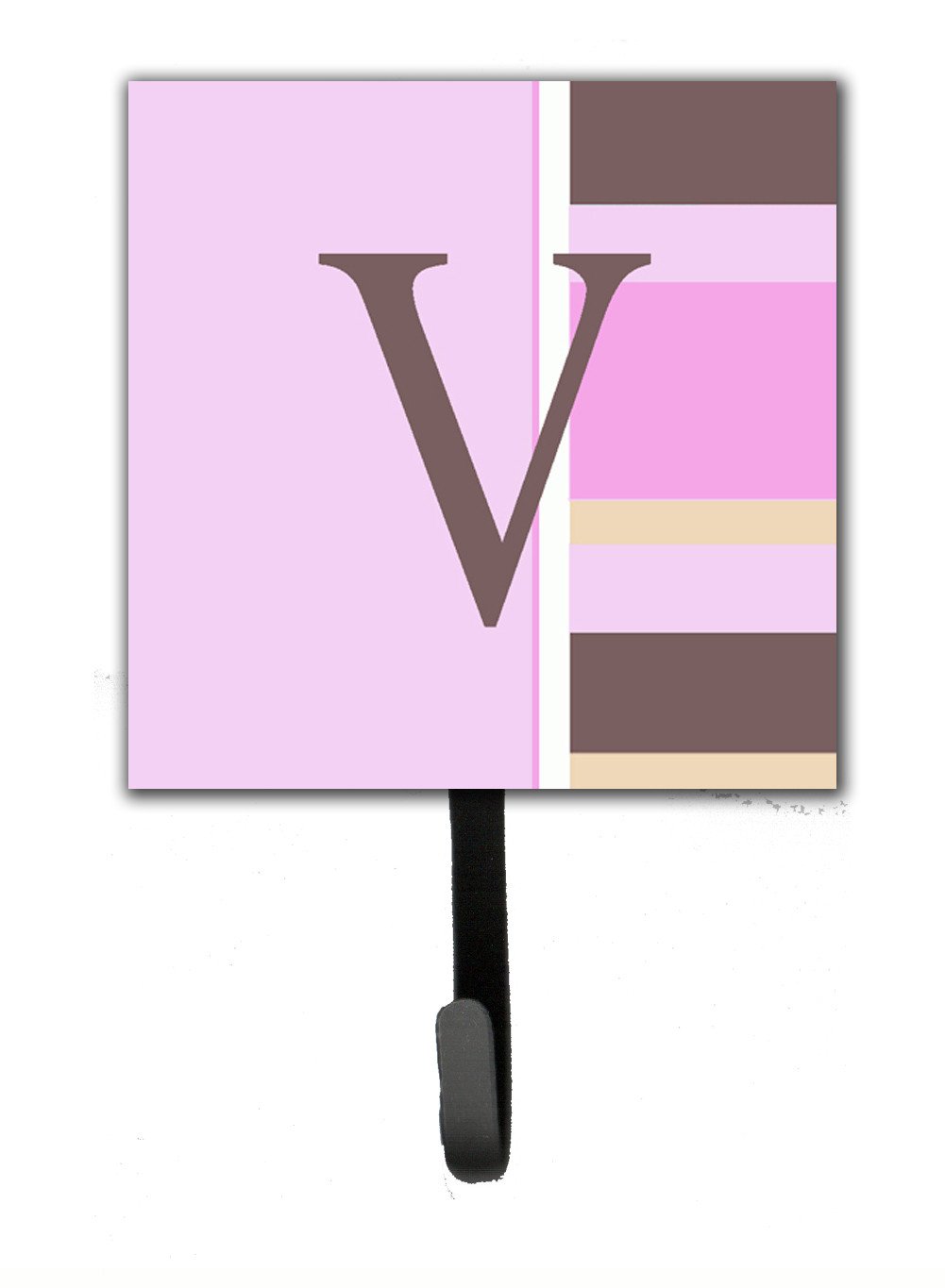 Letter V Initial Monogram - Pink Stripes Leash Holder or Key Hook by Caroline&#39;s Treasures