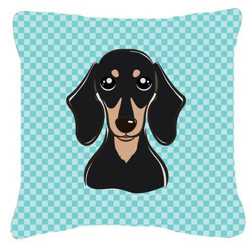 Checkerboard Blue Smooth Black and Tan Dachshund Canvas Fabric Decorative Pillow BB1153PW1414 - the-store.com