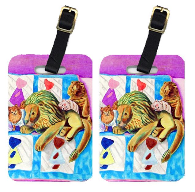 Pair of 2 Red and white Pomeranians on the couch Luggage Tags by Caroline's Treasures