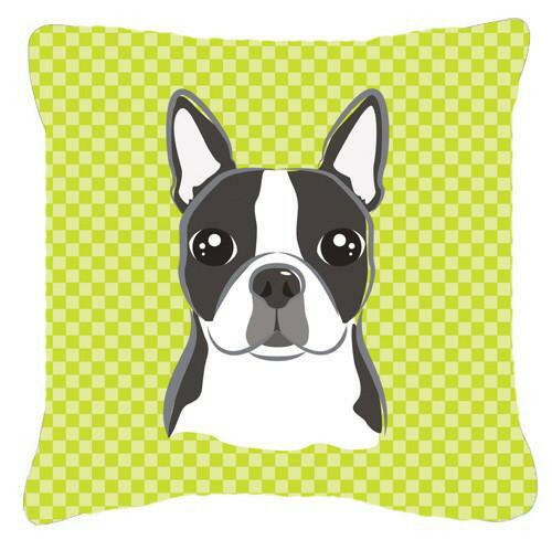 Checkerboard Lime Green Boston Terrier Canvas Fabric Decorative Pillow BB1265PW1414 - the-store.com