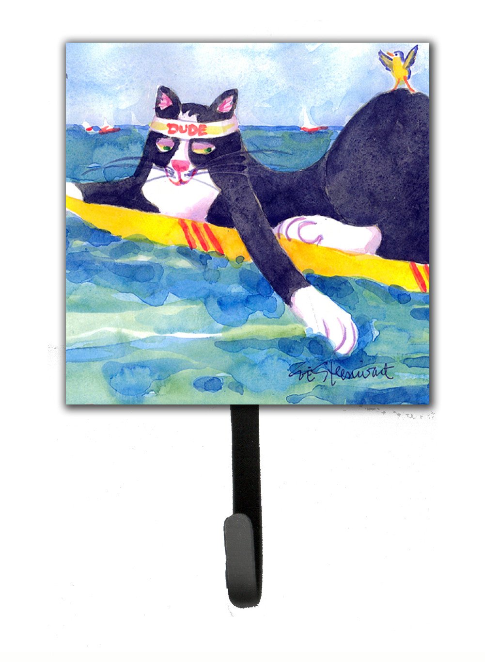 Black and white Cat Surfin Bird Leash Holder or Key Hook by Caroline&#39;s Treasures