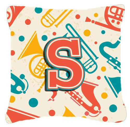 Letter S Retro Teal Orange Musical Instruments Initial Canvas Fabric Decorative Pillow CJ2001-SPW1414 by Caroline&#39;s Treasures