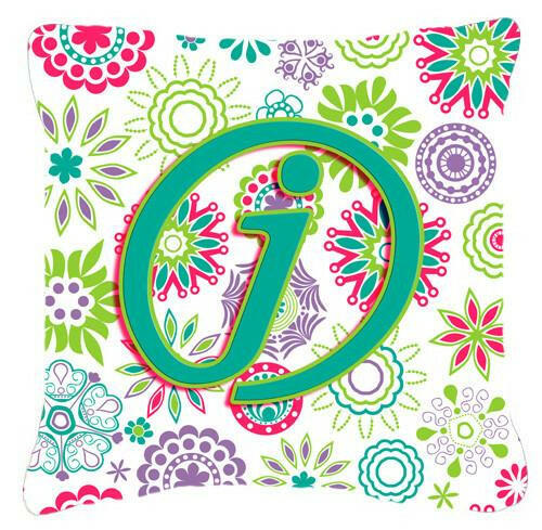 Letter J Flowers Pink Teal Green Initial Canvas Fabric Decorative Pillow CJ2011-JPW1414 by Caroline&#39;s Treasures