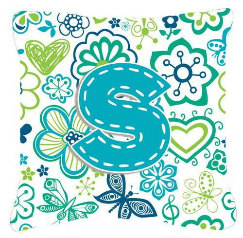 Letter S Flowers and Butterflies Teal Blue Canvas Fabric Decorative Pillow CJ2006-SPW1414 by Caroline&#39;s Treasures
